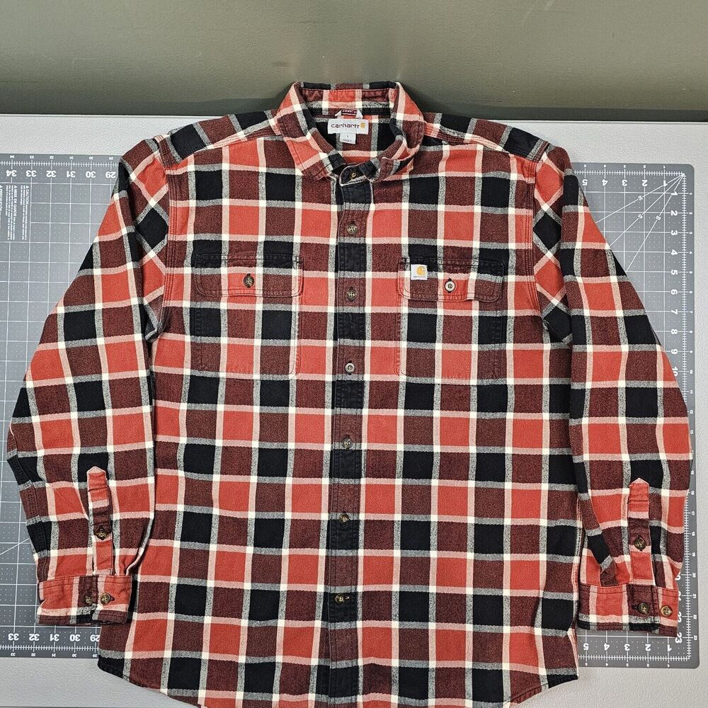 Carhartt Flannel Shirt Mens Large Red Plaid Heavy Work Essential Mechanic